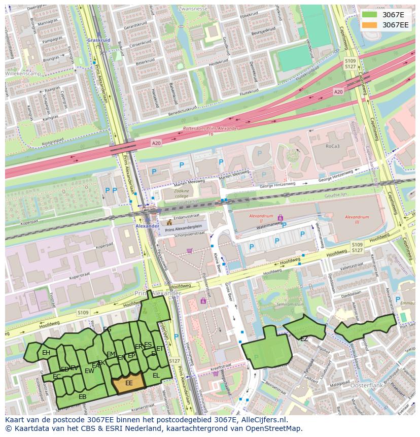 Afbeelding van het postcodegebied 3067 EE op de kaart.