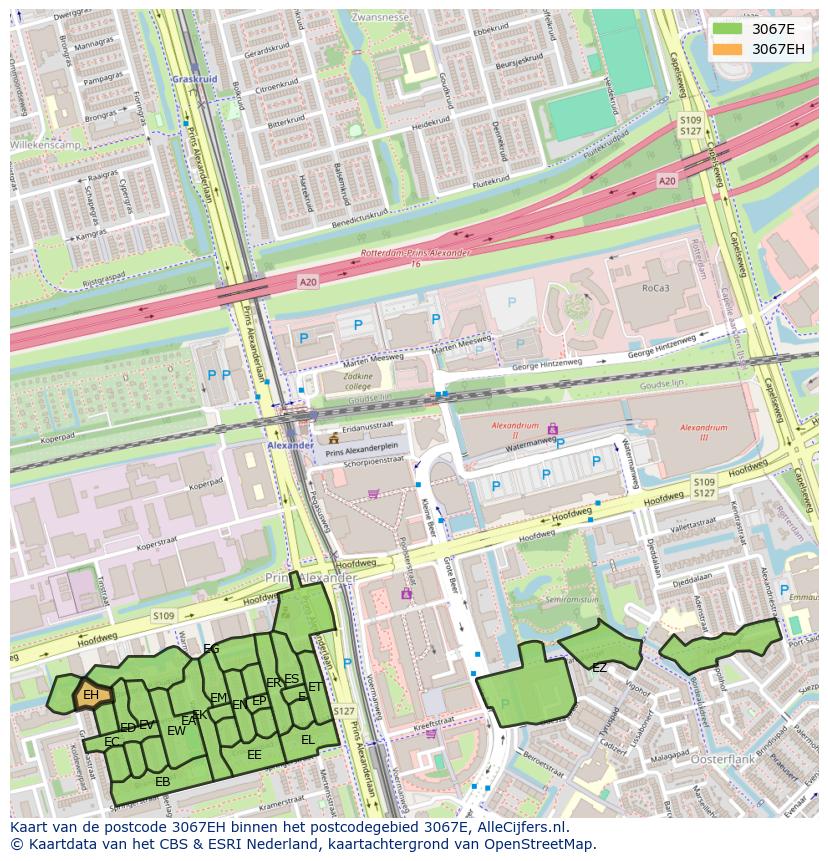 Afbeelding van het postcodegebied 3067 EH op de kaart.
