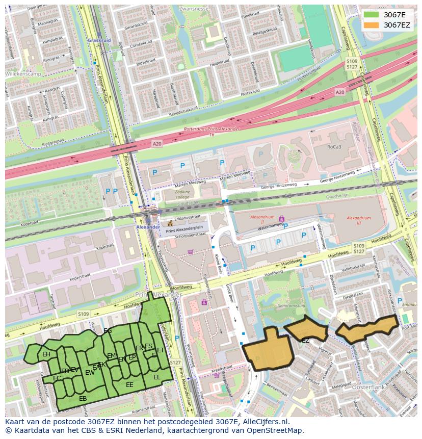 Afbeelding van het postcodegebied 3067 EZ op de kaart.