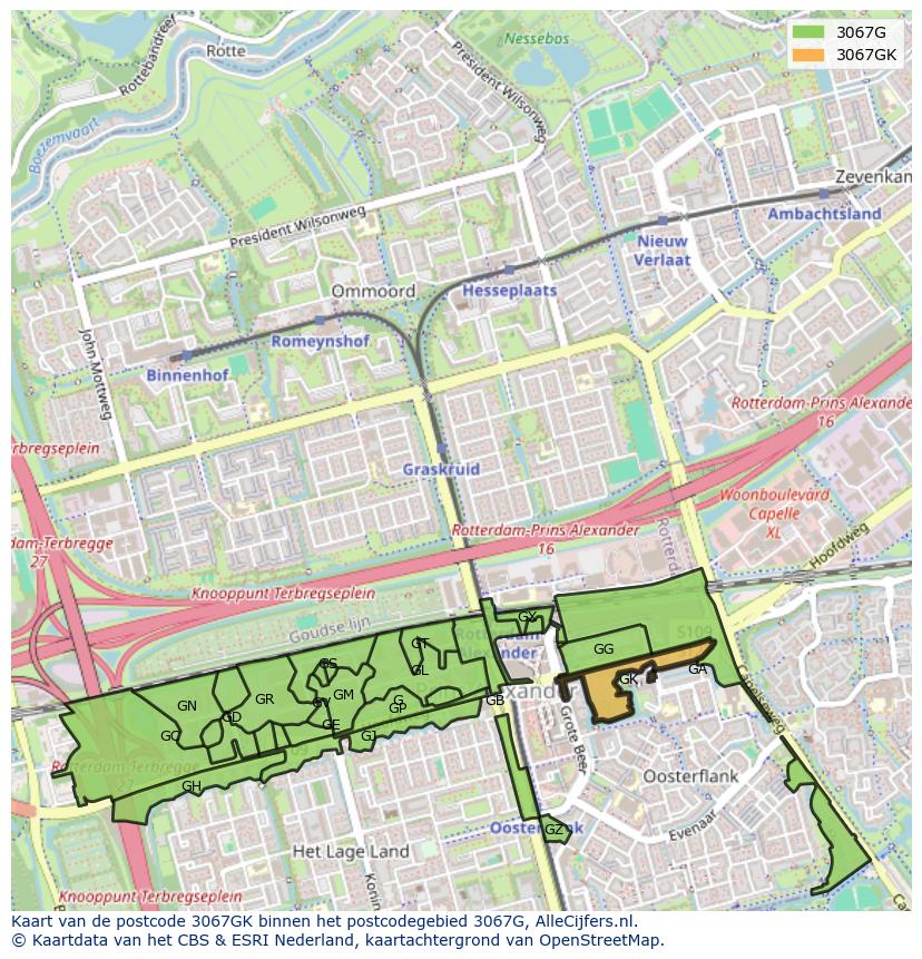 Afbeelding van het postcodegebied 3067 GK op de kaart.