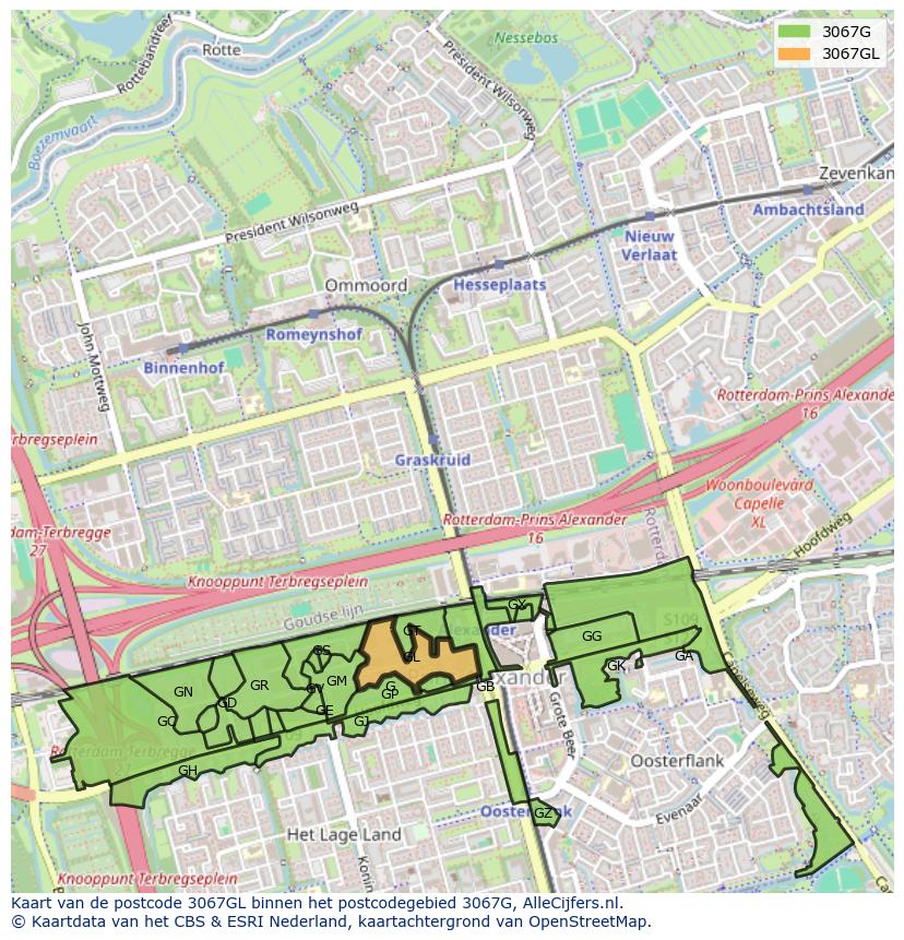 Afbeelding van het postcodegebied 3067 GL op de kaart.