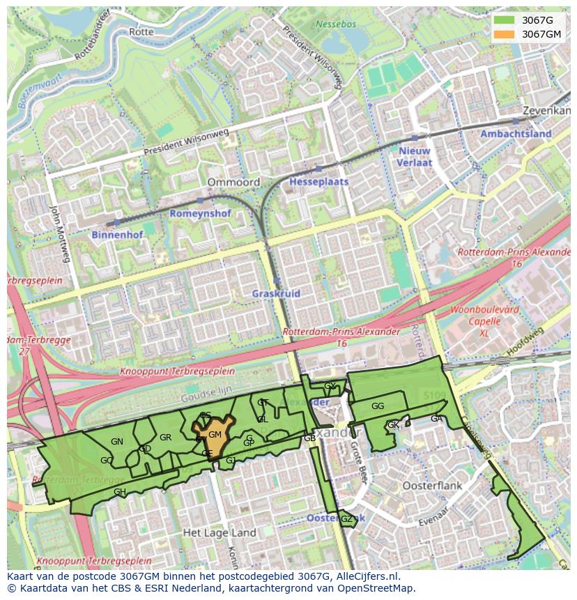 Afbeelding van het postcodegebied 3067 GM op de kaart.