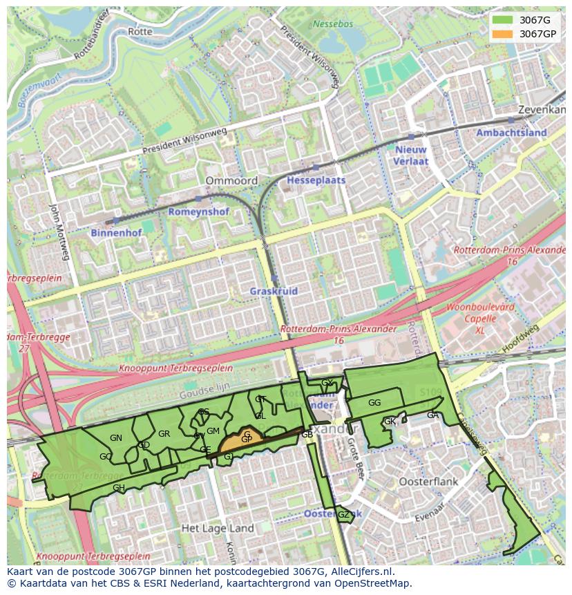 Afbeelding van het postcodegebied 3067 GP op de kaart.