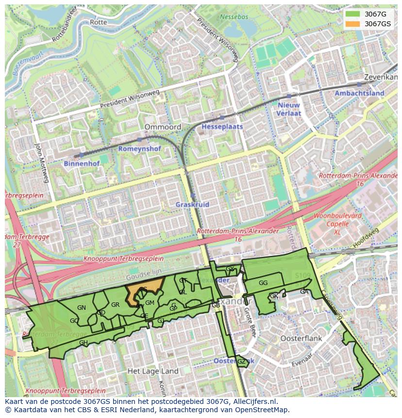 Afbeelding van het postcodegebied 3067 GS op de kaart.