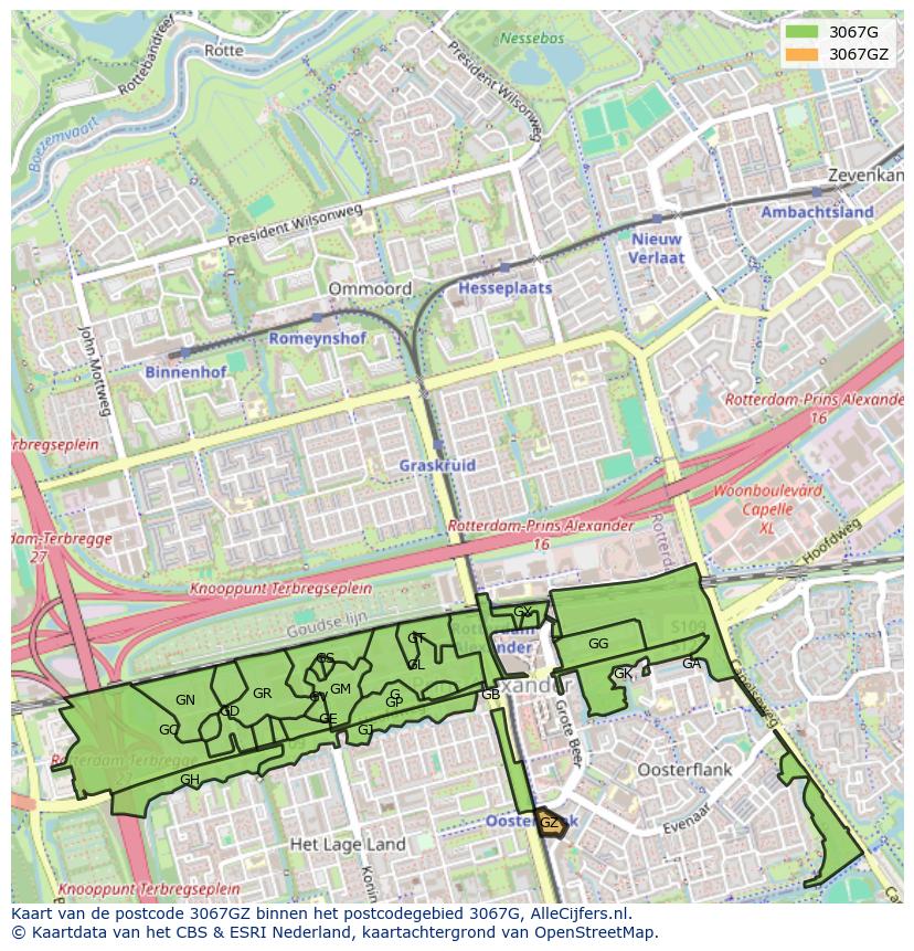 Afbeelding van het postcodegebied 3067 GZ op de kaart.