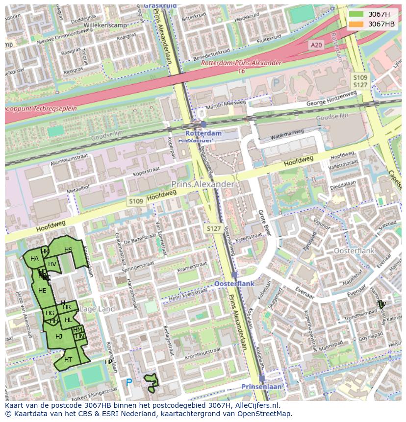 Afbeelding van het postcodegebied 3067 HB op de kaart.