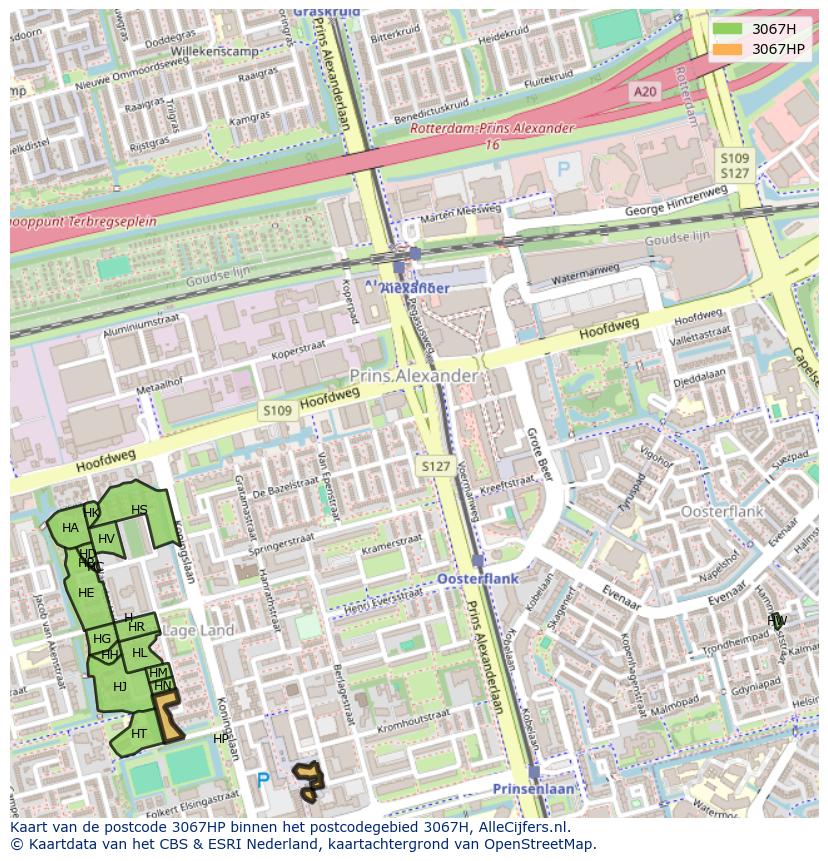Afbeelding van het postcodegebied 3067 HP op de kaart.
