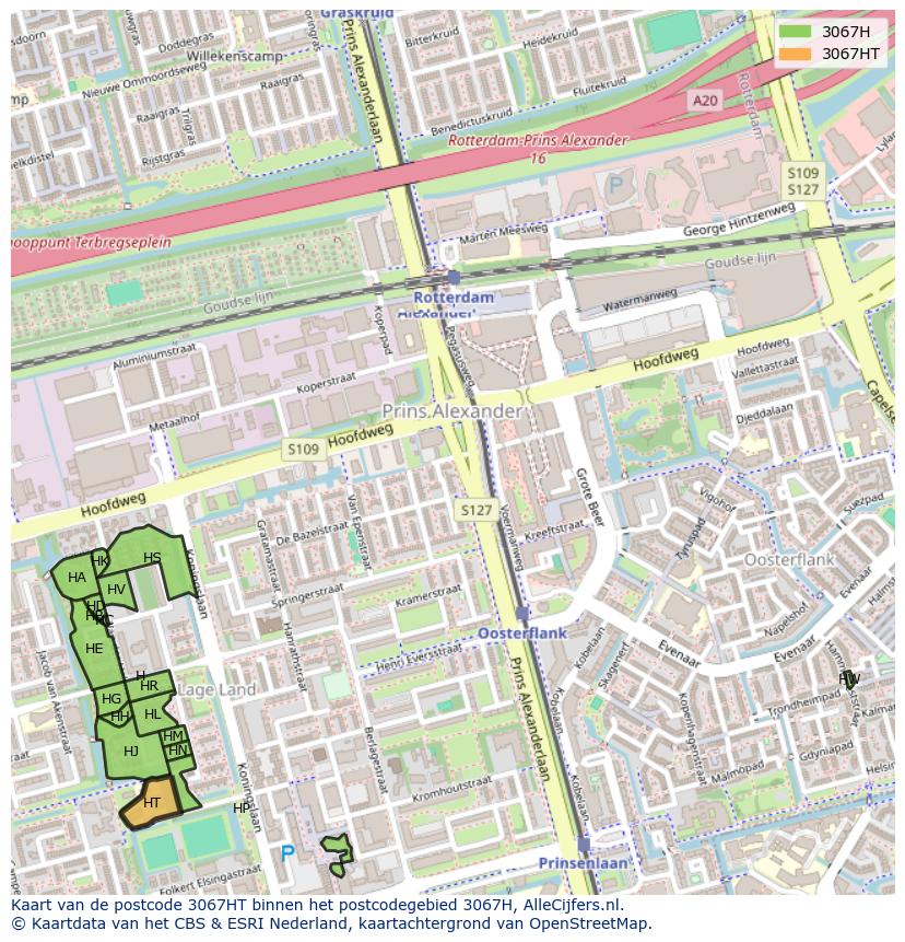 Afbeelding van het postcodegebied 3067 HT op de kaart.