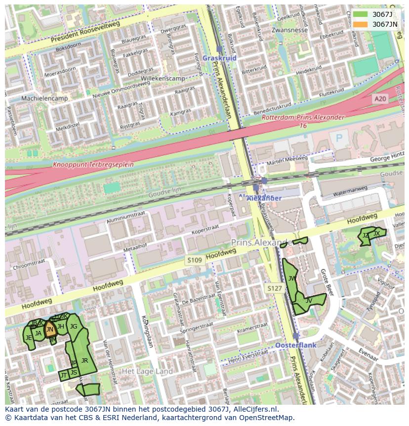 Afbeelding van het postcodegebied 3067 JN op de kaart.