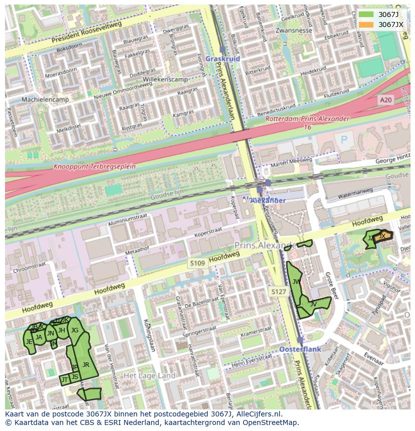 Afbeelding van het postcodegebied 3067 JX op de kaart.