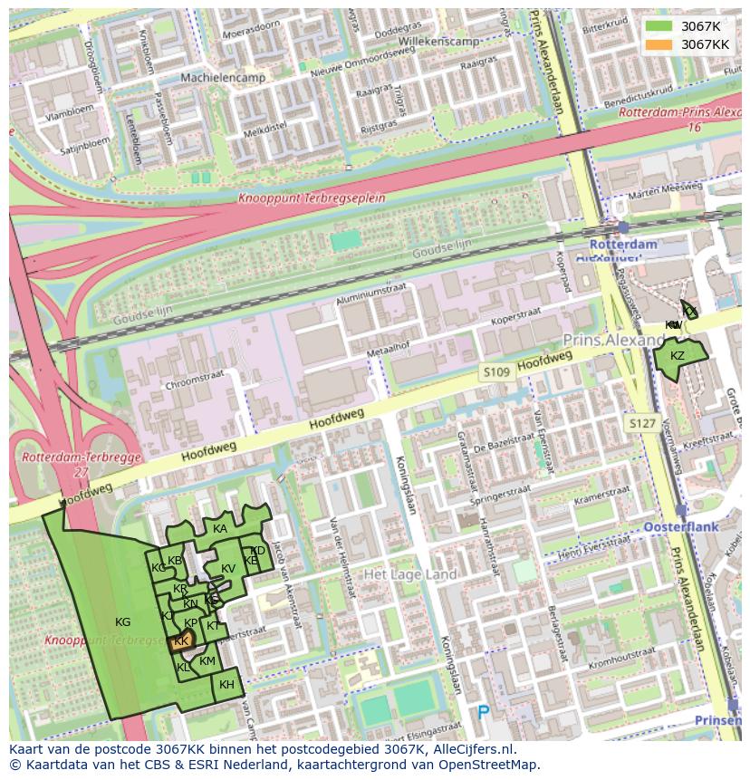 Afbeelding van het postcodegebied 3067 KK op de kaart.