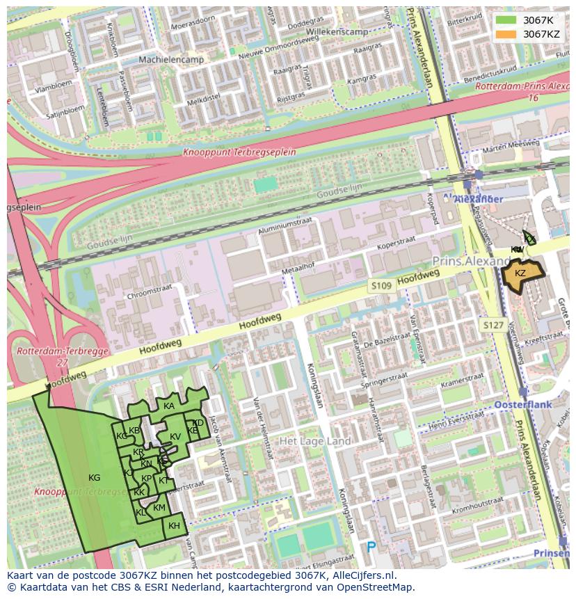 Afbeelding van het postcodegebied 3067 KZ op de kaart.