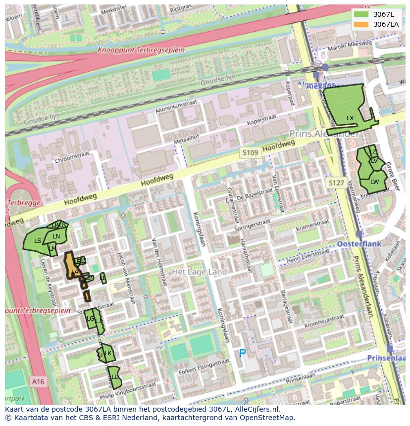 Afbeelding van het postcodegebied 3067 LA op de kaart.