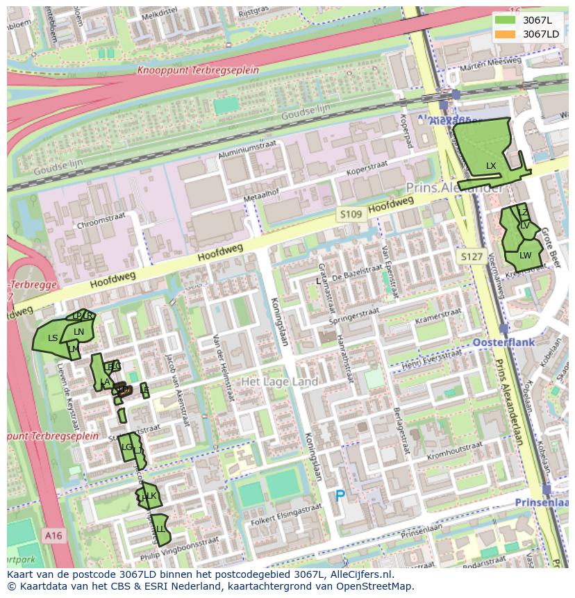 Afbeelding van het postcodegebied 3067 LD op de kaart.