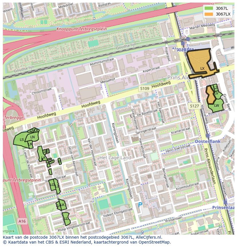 Afbeelding van het postcodegebied 3067 LX op de kaart.
