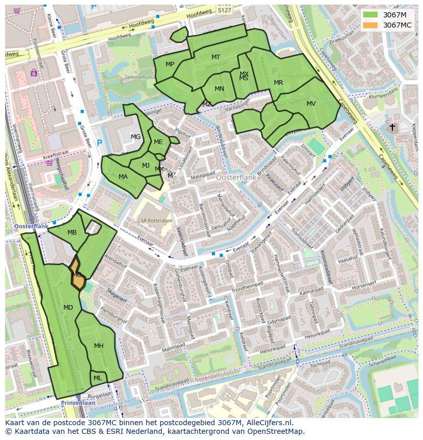 Afbeelding van het postcodegebied 3067 MC op de kaart.