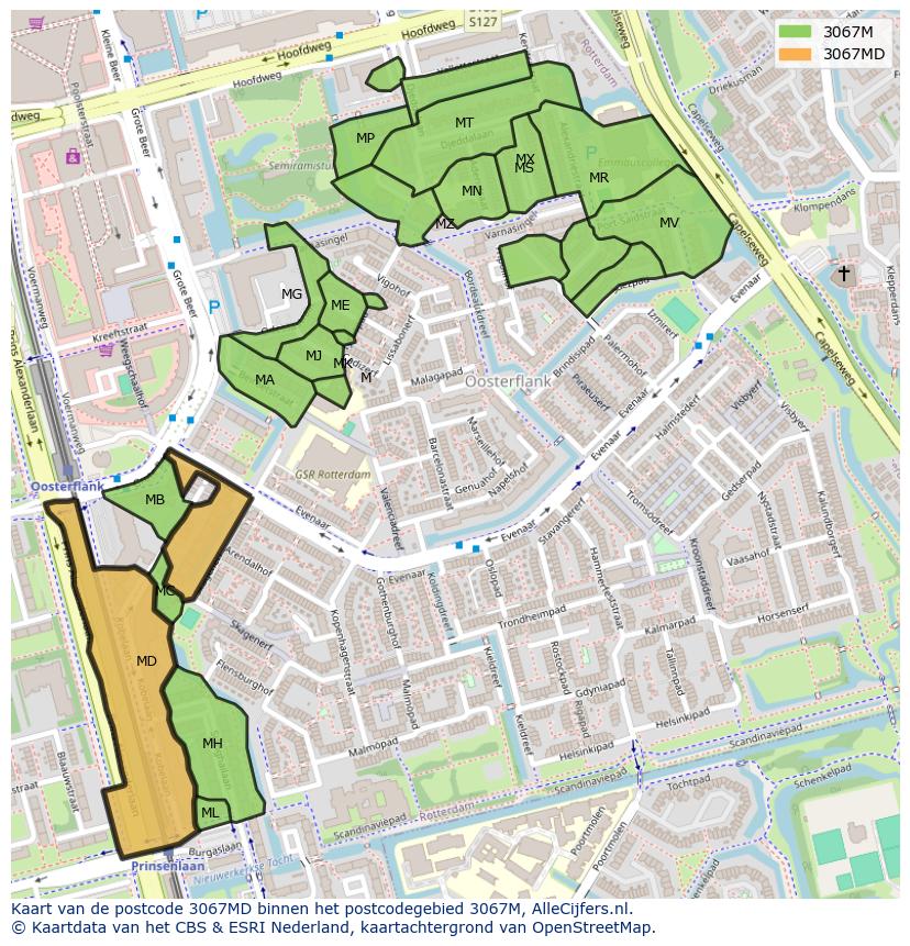 Afbeelding van het postcodegebied 3067 MD op de kaart.