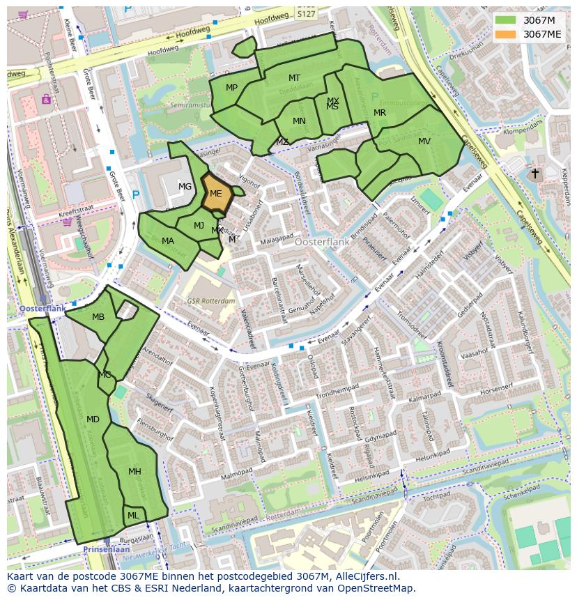 Afbeelding van het postcodegebied 3067 ME op de kaart.