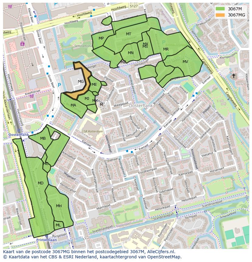 Afbeelding van het postcodegebied 3067 MG op de kaart.