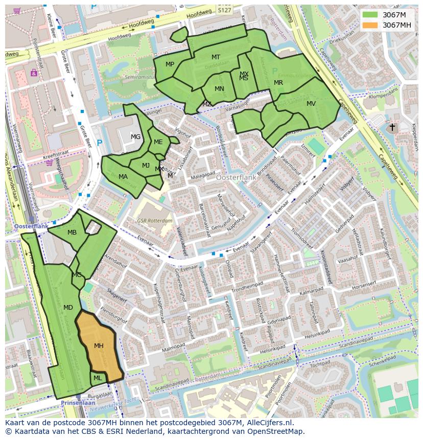 Afbeelding van het postcodegebied 3067 MH op de kaart.