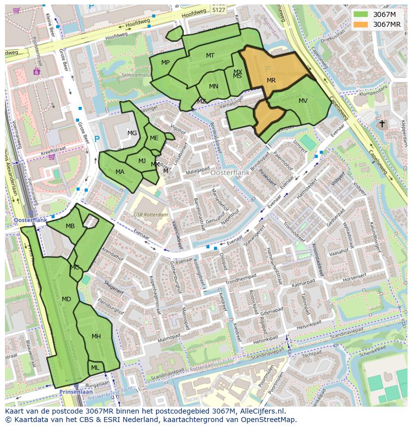 Afbeelding van het postcodegebied 3067 MR op de kaart.