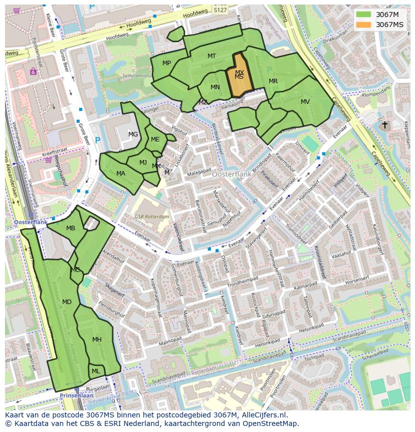 Afbeelding van het postcodegebied 3067 MS op de kaart.