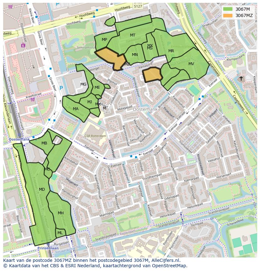 Afbeelding van het postcodegebied 3067 MZ op de kaart.