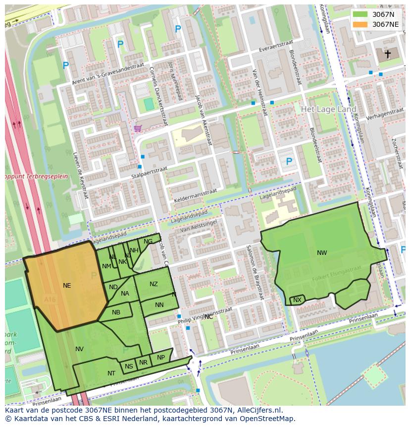 Afbeelding van het postcodegebied 3067 NE op de kaart.