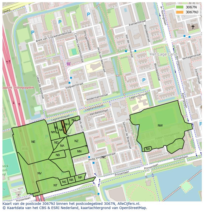 Afbeelding van het postcodegebied 3067 NJ op de kaart.