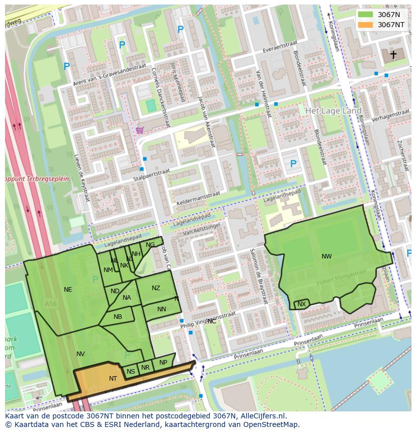 Afbeelding van het postcodegebied 3067 NT op de kaart.