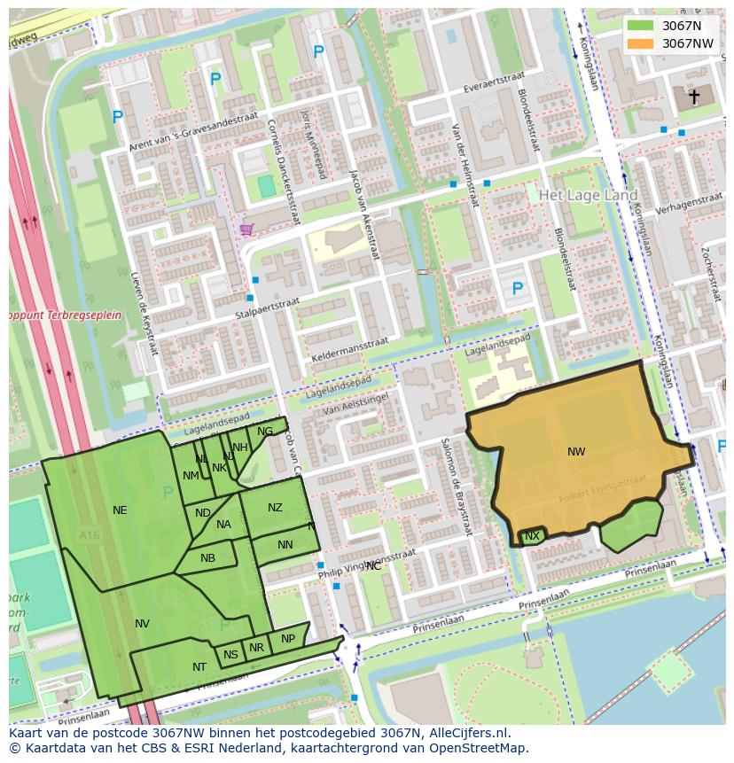 Afbeelding van het postcodegebied 3067 NW op de kaart.