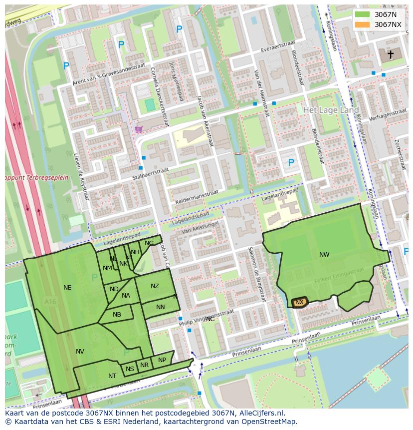 Afbeelding van het postcodegebied 3067 NX op de kaart.