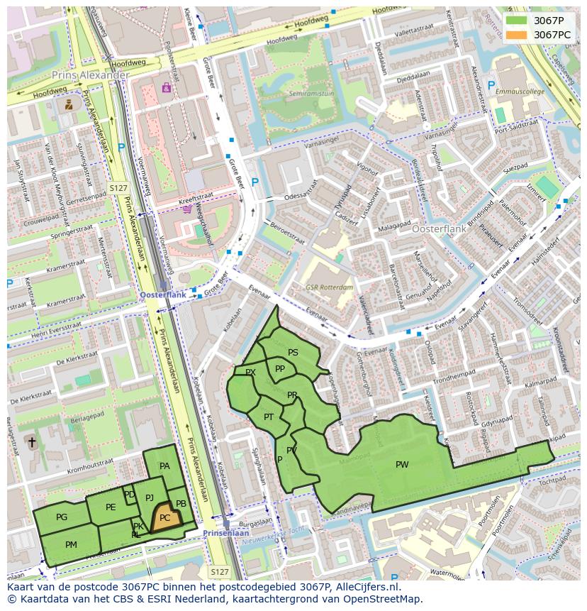 Afbeelding van het postcodegebied 3067 PC op de kaart.