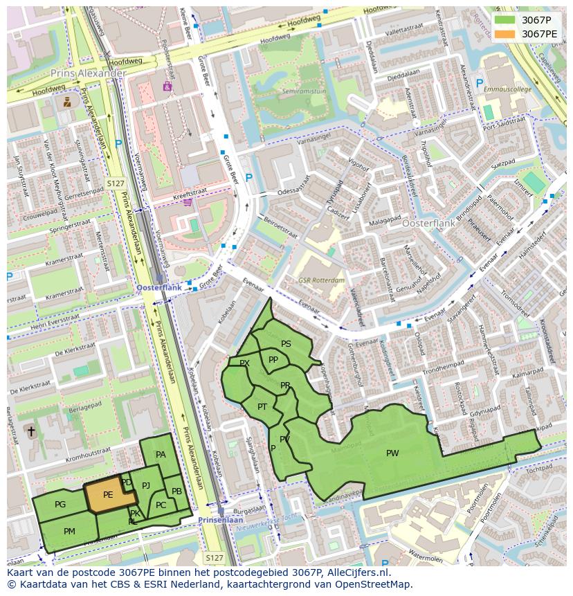 Afbeelding van het postcodegebied 3067 PE op de kaart.