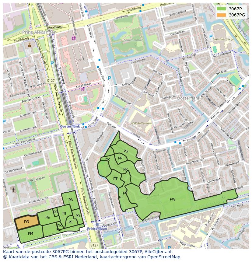 Afbeelding van het postcodegebied 3067 PG op de kaart.