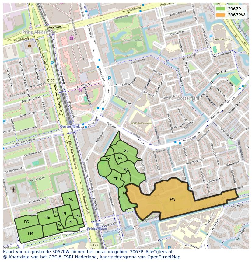 Afbeelding van het postcodegebied 3067 PW op de kaart.
