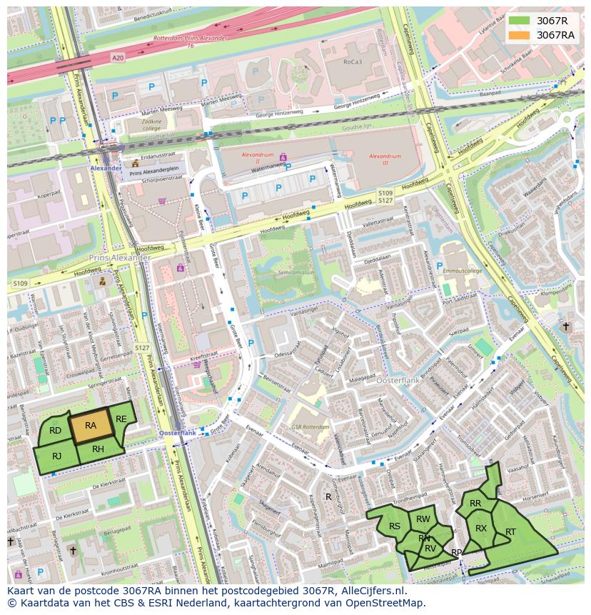 Afbeelding van het postcodegebied 3067 RA op de kaart.