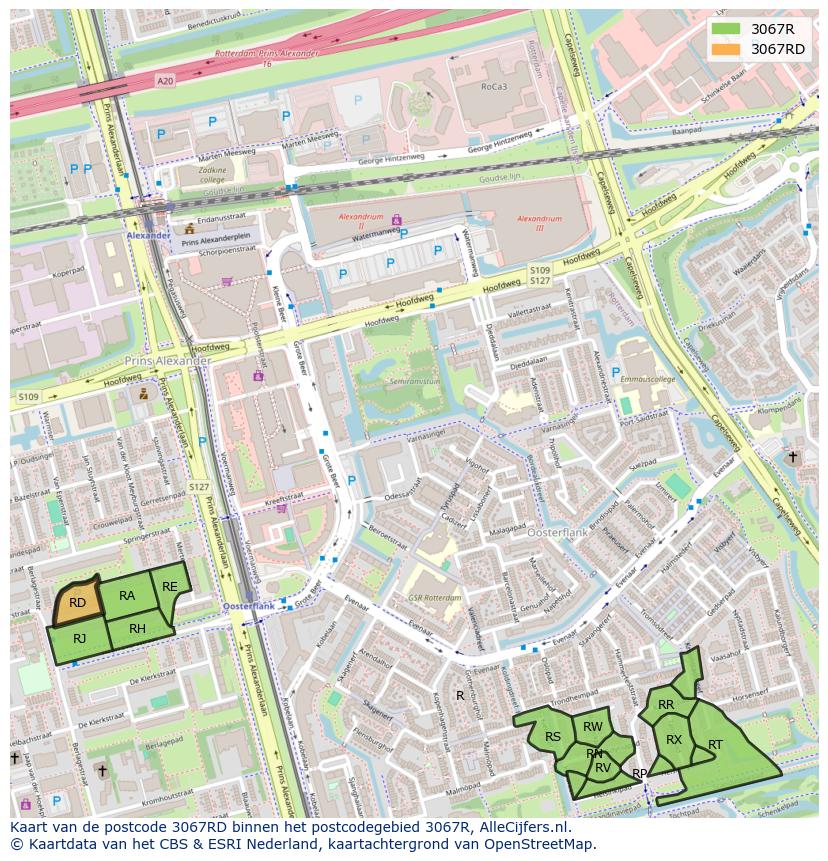 Afbeelding van het postcodegebied 3067 RD op de kaart.