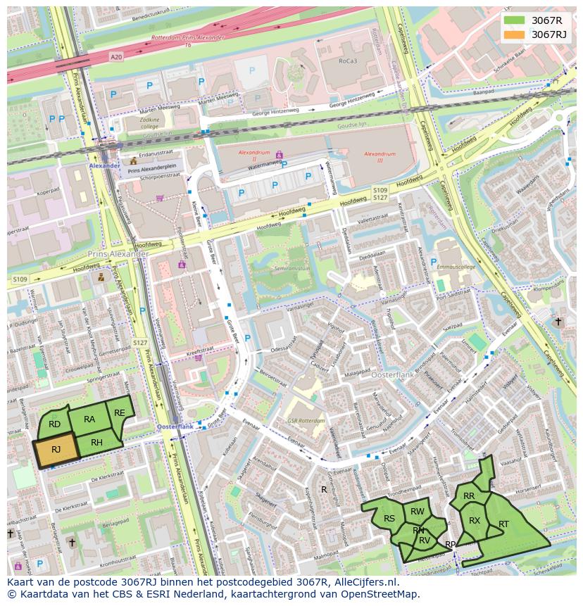 Afbeelding van het postcodegebied 3067 RJ op de kaart.