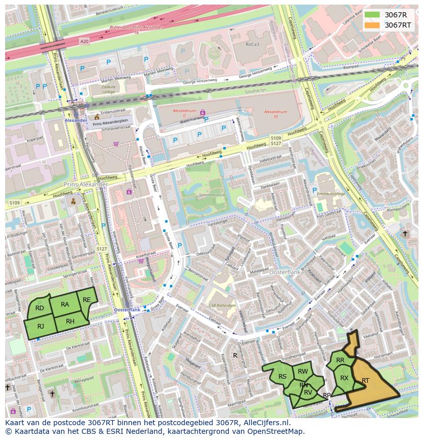 Afbeelding van het postcodegebied 3067 RT op de kaart.