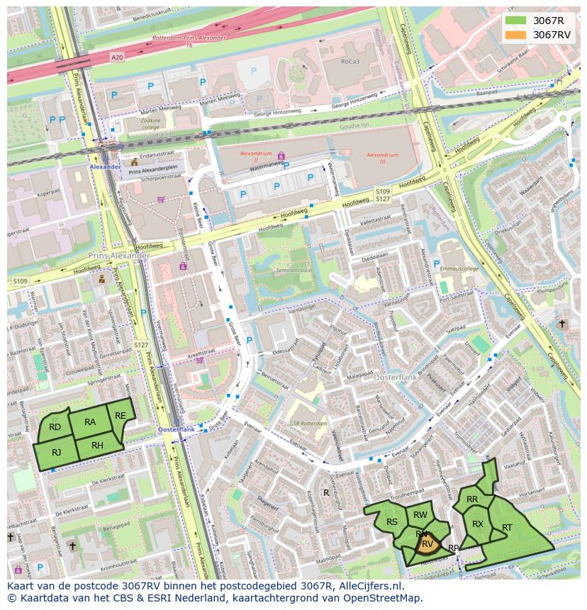Afbeelding van het postcodegebied 3067 RV op de kaart.