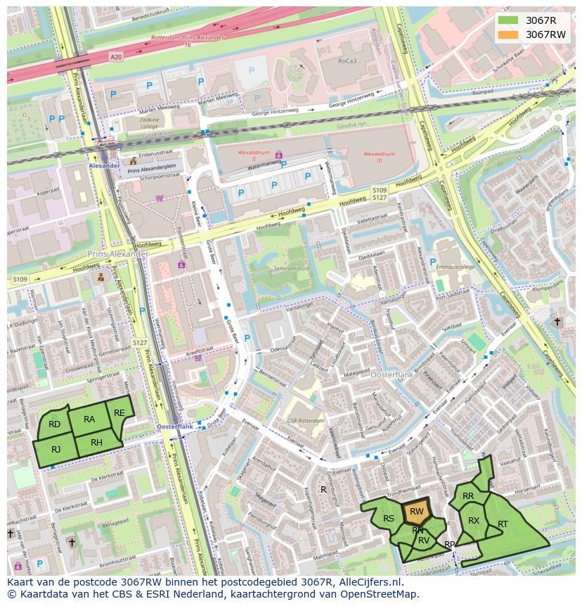 Afbeelding van het postcodegebied 3067 RW op de kaart.