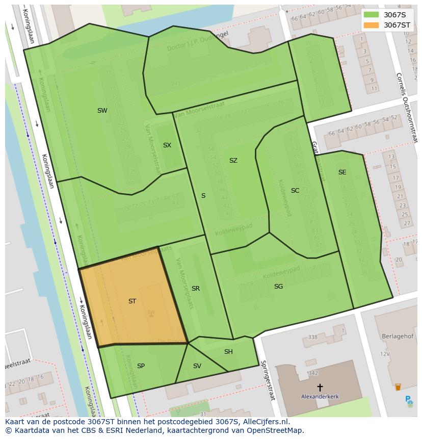 Afbeelding van het postcodegebied 3067 ST op de kaart.
