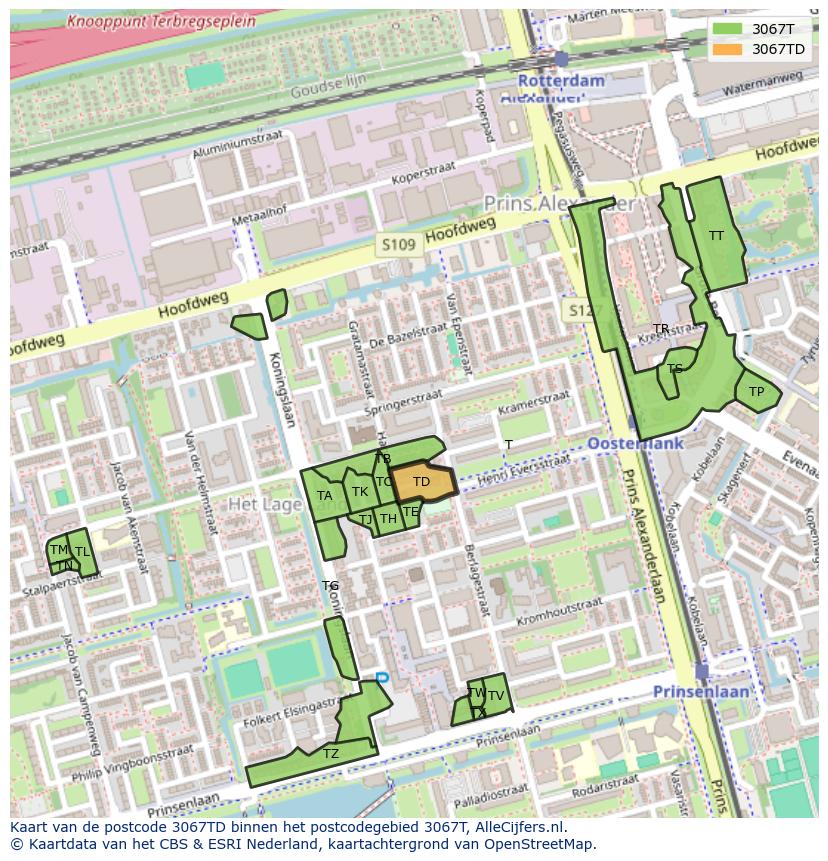 Afbeelding van het postcodegebied 3067 TD op de kaart.