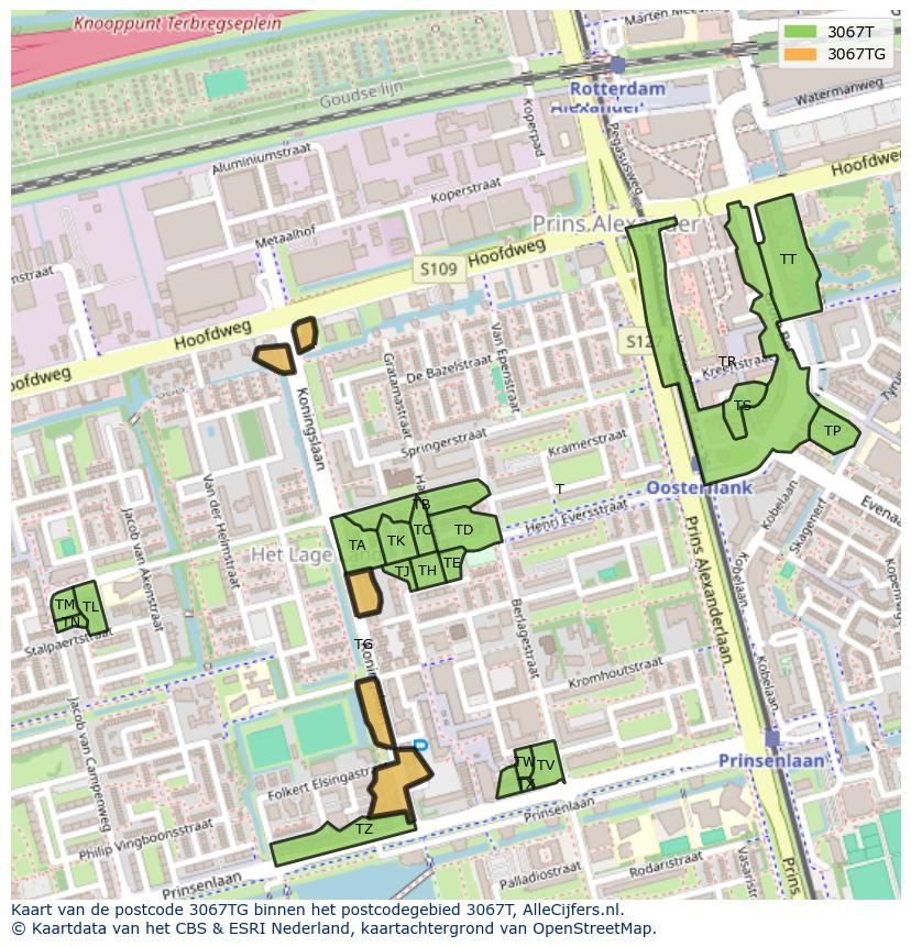 Afbeelding van het postcodegebied 3067 TG op de kaart.