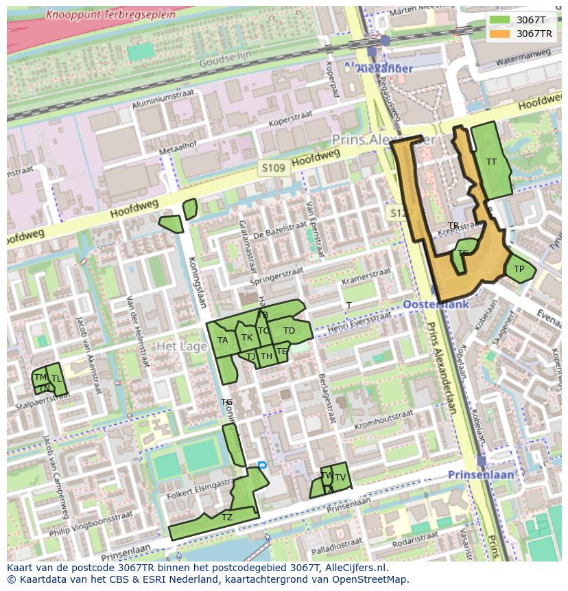 Afbeelding van het postcodegebied 3067 TR op de kaart.