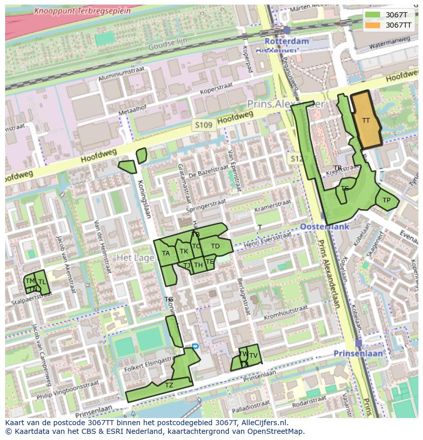 Afbeelding van het postcodegebied 3067 TT op de kaart.