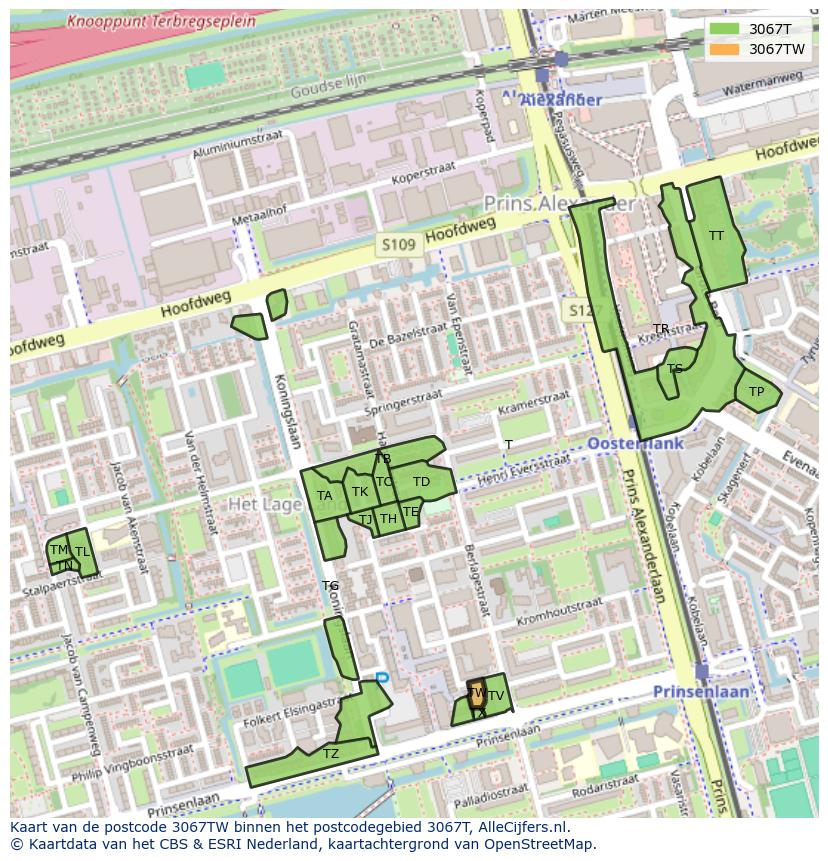 Afbeelding van het postcodegebied 3067 TW op de kaart.