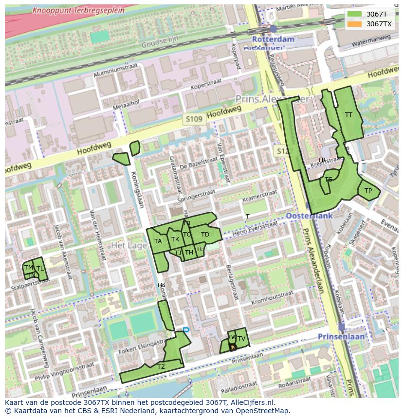 Afbeelding van het postcodegebied 3067 TX op de kaart.