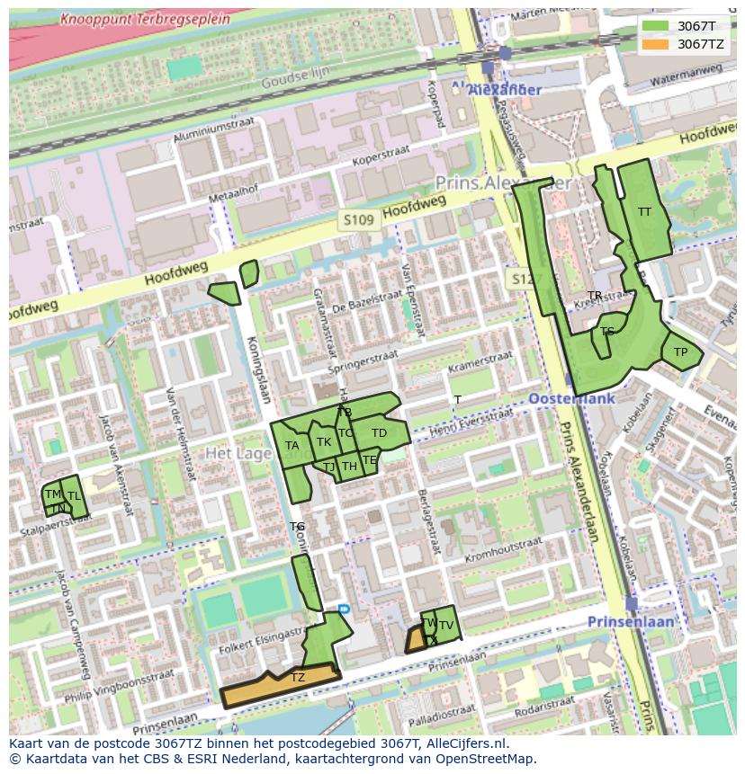 Afbeelding van het postcodegebied 3067 TZ op de kaart.